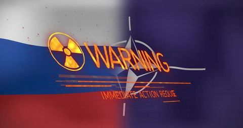 Urgent warning sign over russian flag with radiation symbol