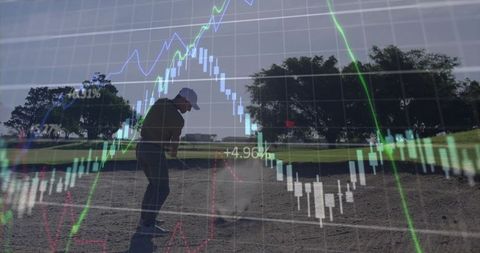 Golfer Swinging in Sand Bunker with Financial Graph Overlay