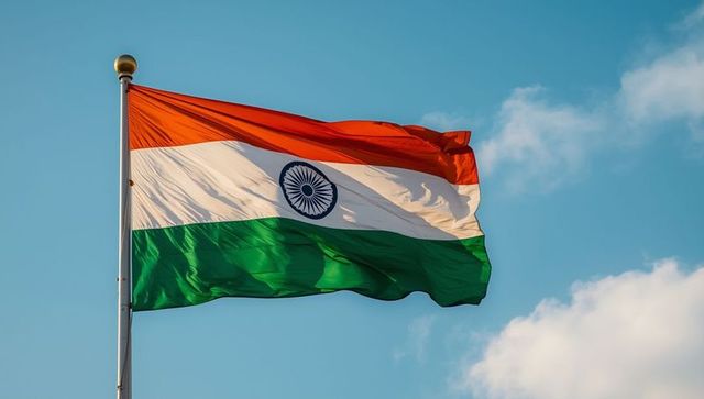 Waving indian flag against blue sky symbolizing patriotism