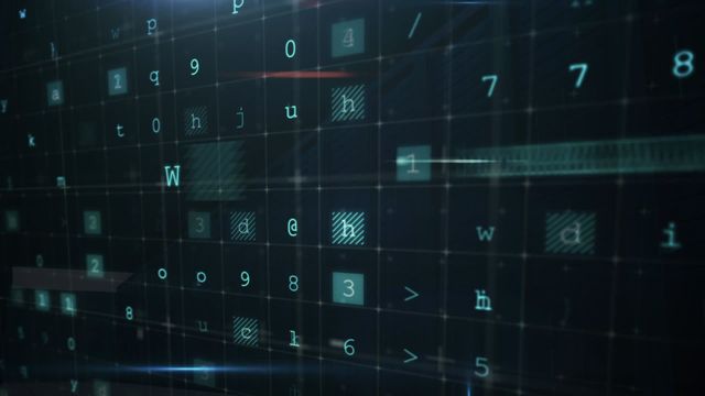 This video shows an abstract digital matrix with numbers and letters in a dark futuristic design. Perfect for illustrating concepts related to cyber security, internet threats, data processing, and technology. It can be used in articles, presentations, or websites discussing information security, data science, and digital transformation.