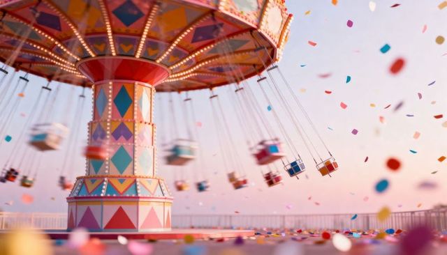 Spinning pastel swing-carousel on boardwalk pier scattering confetti at sunset with glowing lights