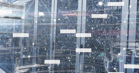 Displaying data center server racks with futuristic circuit overlay and network connectivity