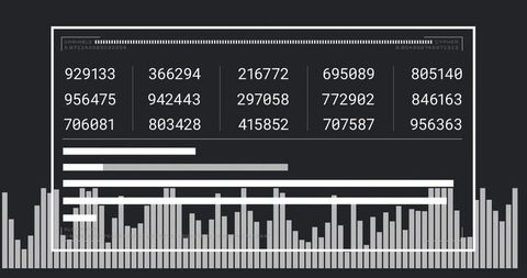 Minimal monochrome dashboard displaying numeric grid, bar charts, analytics metrics ui