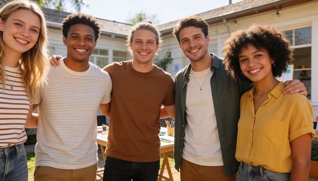 Smiling diverse friends posing in sunny backyard for casual outdoor gathering and teamwork