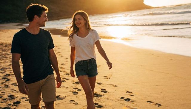 Young couple walking barefoot on beach at golden hour leaving footprints and smiling