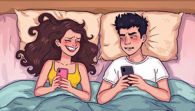 Couple in bed using smartphones with mixed emotions