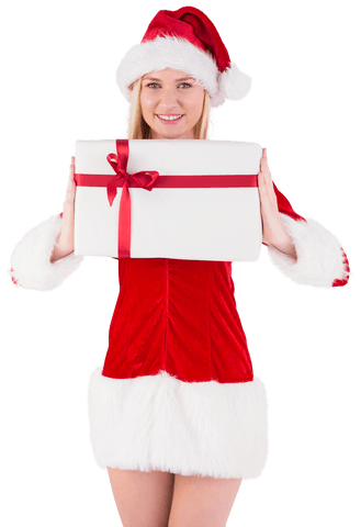 Transparent santa claus attire woman holding christmas gift