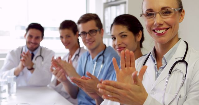 Medical team clapping at camera in the board room at the hospital