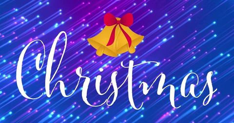 Vibrant neon christmas calligraphy with gold bells and red bow on diagonal light streaks