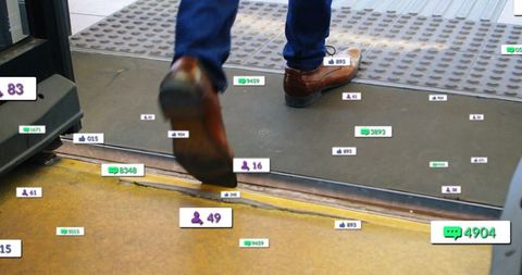 Commuter Stepping on Platform with Social Media Icons Overlay