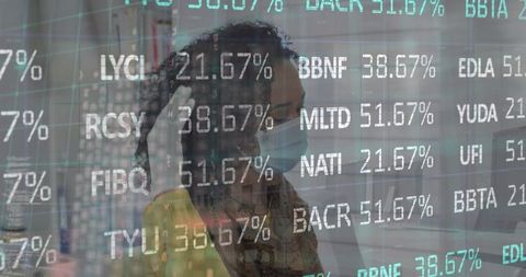 Female IT Technician Adjusting Mask in Datacenter Amid Digital Metrics