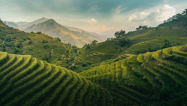Cascading green rice terraces stretching across misty mountain valley at golden hour