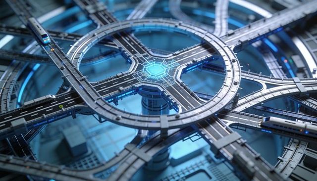 Orbiting ring interchange with glowing core and maglev trains in cyan future city
