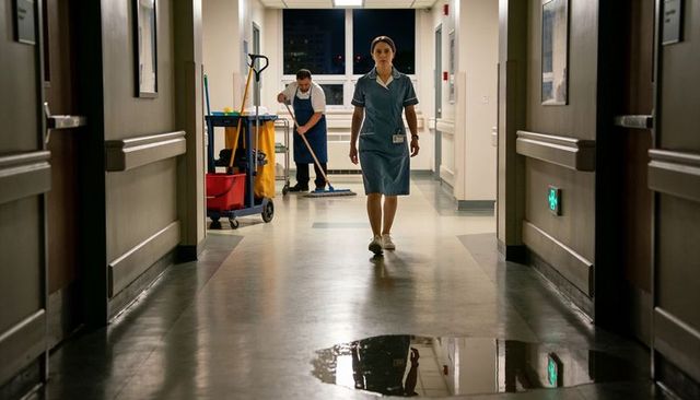 Nurse walking nightshift corridor with janitorial cart and reflective puddle