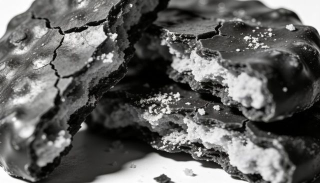Cracking chocolate biscuit revealing crumbly center closeup in monochrome
