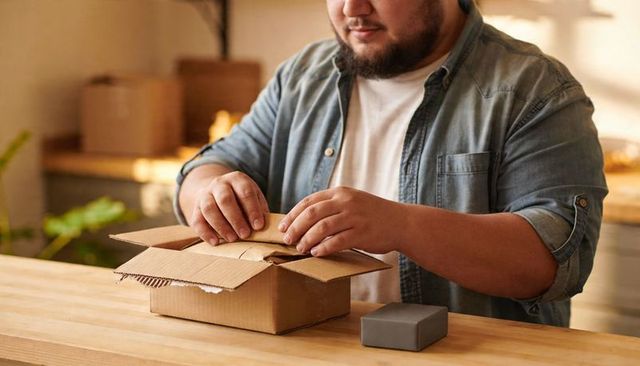 Bearded Man Carefully Packing Cardboard Box on Wooden Counter for Small Business Shipping