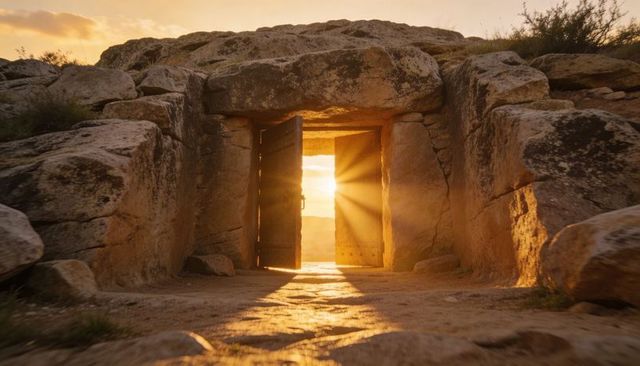 Sunlight streaming through ancient stone doorway with ajar wooden doors casting warm rays