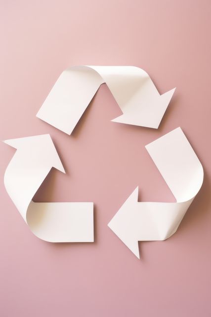 White paper recycled symbol on pastel pink background emphasizing eco-friendly and sustainability concepts. Ideal for eco-conscious design, environment-themed projects, waste reduction promotions, green living blogs, renewable energy campaigns, sustainability awareness posters, or educational materials on recycling.