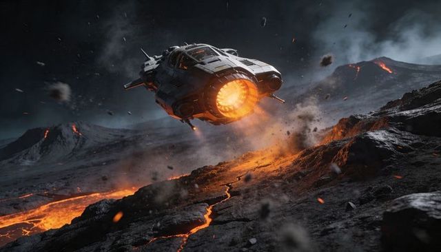 Armored interstellar ship hovering over volcanic lava field with blazing plasma engine