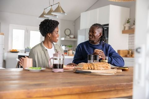 Couple Enjoying Breakfast with Coffee and Bread at Home