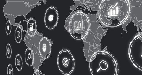 Global business icons over world map digital interface
