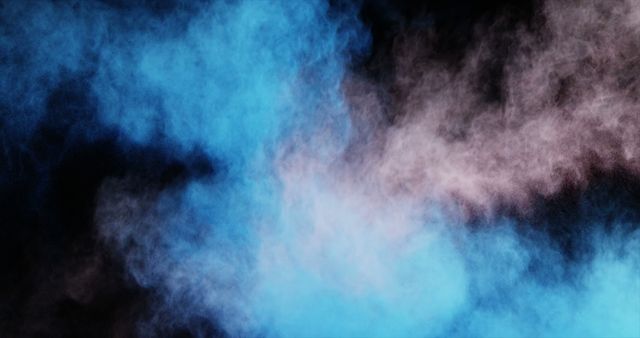 Vivid blue and dark smoke intertwine against a black background, creating a dramatic and mysterious effect. This abstract image could be used as a backdrop for creative projects or to add a sense of intrigue to visual designs.