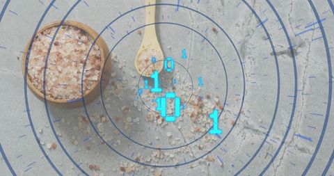 Coarse pink himalayan salt crystals with wooden bowl and spoon featuring blue tech overlay