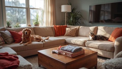 Golden retriever and tabby cat lounging on sunlit cozy living room sofa with warm decor