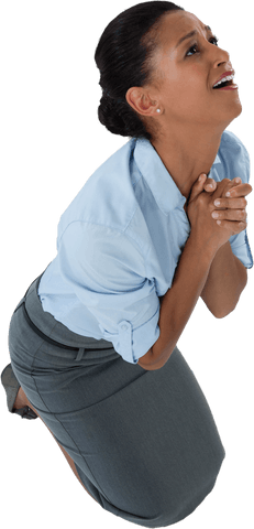 Businesswoman Kneeling in Desperation on Transparent Background