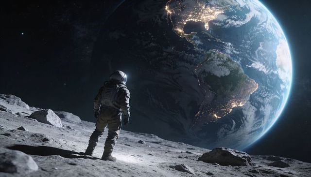 Standing astronaut gazing at earthrise over lunar surface with city lights visible