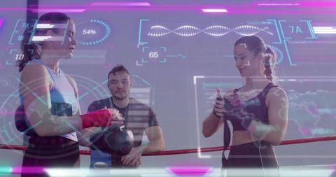 Women wrapping hands in hightech boxing ring with trainer and ar biometric overlays