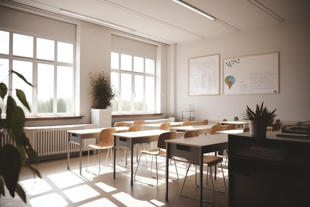 Interiors of classroom with windows, created using generative ai technology. Classroom, school and learning concept digitally generated image.