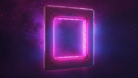 Floating magenta neon square portal glowing in deep space with blue rim and worn bolts