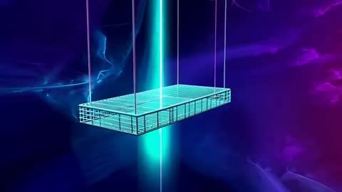 Wireframe Platform Ascending into Cyan Energy Beam inside Neon Cosmic Void