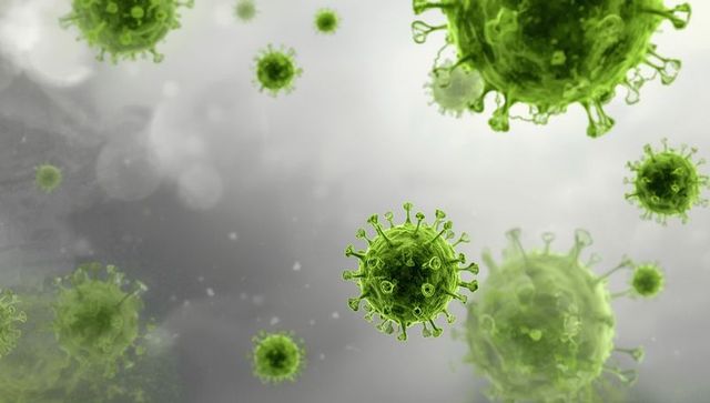 Microscopic View of Green Virus Particles with Spike Proteins