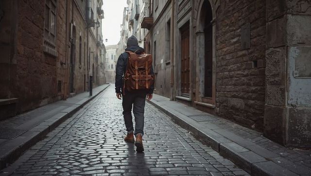 Solitary Traveler Walking Down Historic Cobblestone Alley Carrying Leather Backpack