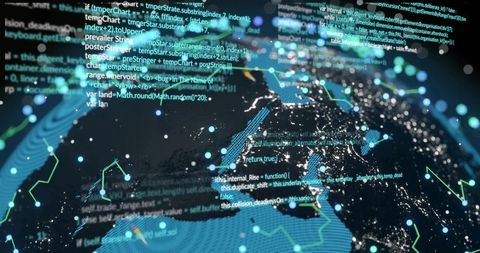 Holographic Globe with Floating Code and Neon Data Nodes Visualizing Global Cyber Network