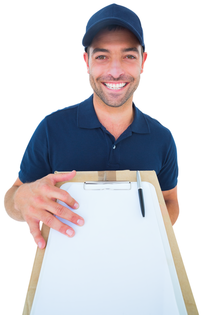 Smiling Delivery Man Holding Blank Clipboard Transparent Background - Download Free Stock Videos Pikwizard.com