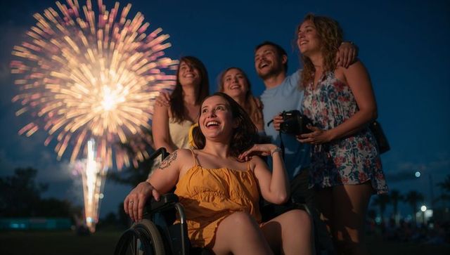 Joyful group watching fireworks with smiling woman in wheelchair celebrating summer night