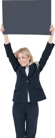 Excited Businesswoman Holding Blank Transparent Sign