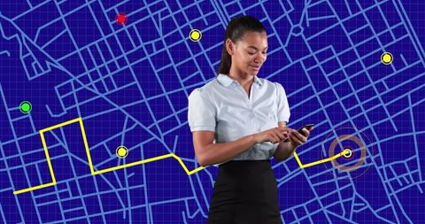 Businesswoman using smartphone with navigation map overlay