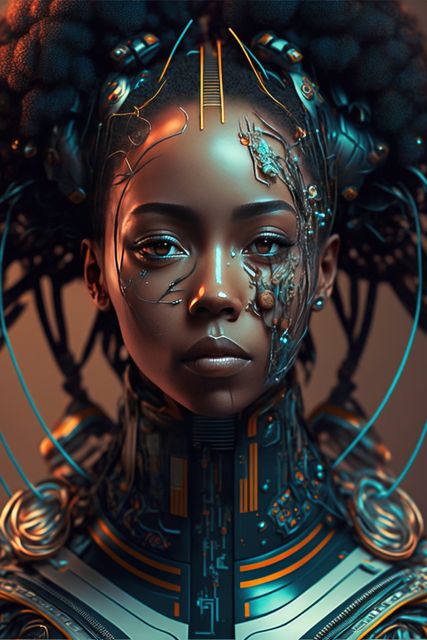 Surreal depiction of a futuristic cyborg woman with integrated high-tech elements and cybernetic enhancements. This digital artwork showcases the blend of human and machine with intricate details and vibrant lighting. Ideal for use in sci-fi concepts, technology discussions, digital art galleries, and futuristic promotional materials.