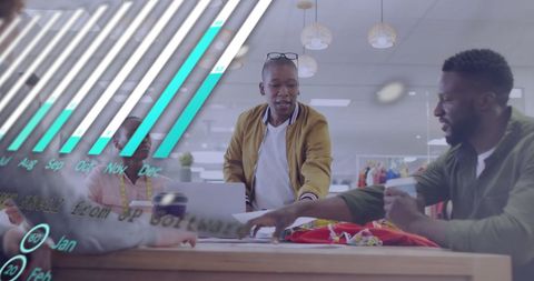 Team Discussing Financial Data with Digital Overlay in Modern Office