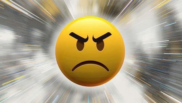 Angry emoji in energetic digital vortex