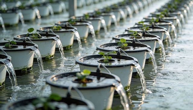 Floating hydroponic planters irrigating seedlings with recirculating water in greenhouse