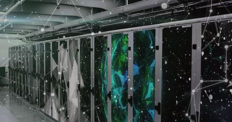 Modern data center server rack row with glass doors and teal digital network overlay