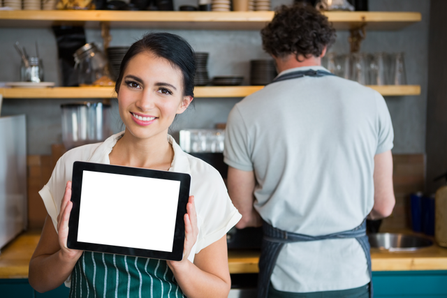 Transparent Tablet Promotion with Smiling Woman in Cafe Setting - Download Free Stock Videos Pikwizard.com