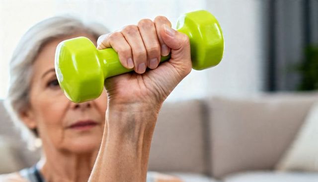 Senior woman lifting lime-green dumbbell at home, strengthening arms and promoting wellness