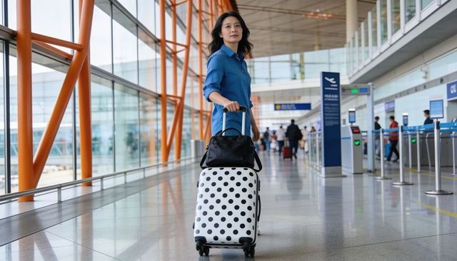 Walking woman in blue shirt pulling polka-dot suitcase through modern airport terminal