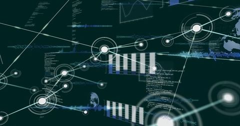 Visualizing central data network connecting analytics nodes and futuristic hud interface